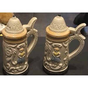 Vintage Beer Stein Salt and Pepper Shakers Set Bavarian German Village Themed